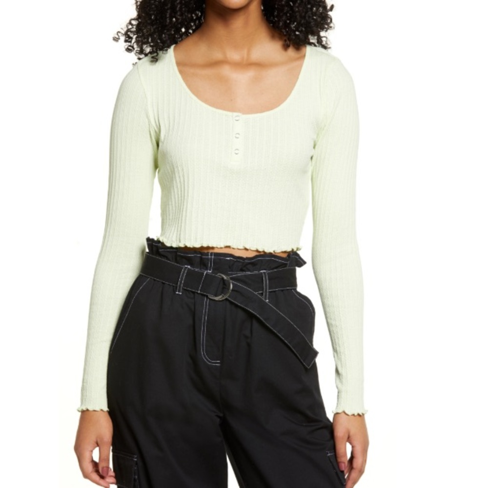 BP Lime Cropped Long Sleeve Ribbed Henley Top Size Medium